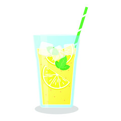 Vector illustration of a glass with a smoothie and fruits slices on white background. Healthy food and drinks. 