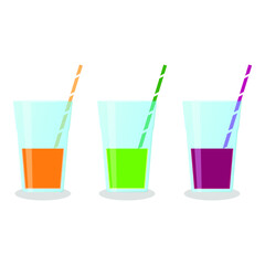 Vector illustration of glasses with smoothies and straws on white background. Healthy food and drinks. 