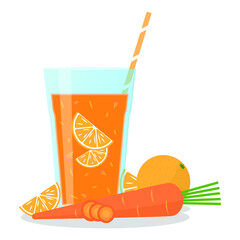 Vector illustration of a glass with a smoothie, a straw, fruits and vegetables on white background. Healthy food and drinks. 