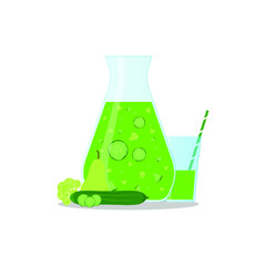 Vector illustration of a smoothie jug, a glass with a smoothie and a straw and vegetables on white background. Healthy food and drinks. 