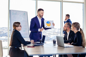 Successful meeting of business people, discussing new business ideas, using diagrams, sitting together. Modern office background. Meeting of business partners at the conference on business development