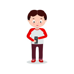 Vector illustration of a kid that uses a smartphone on white background.