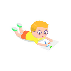 Vector illustration of a kid that is drawing a flowchart on white background.