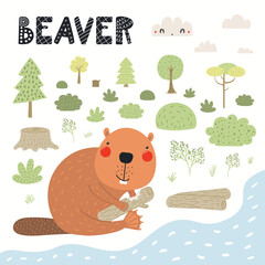 Cute funny beaver in forest, woodland landscape, isolated on white. Hand drawn wild animal vector illustration. Scandinavian style flat design. Concept for kids fashion, textile print, poster, card