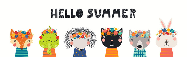 Cute funny animal faces in flower crowns, floral wreathes, isolated on white. Hand drawn vector illustration. Scandinavian style flat design. Concept for kids fashion print, banner, poster, card.