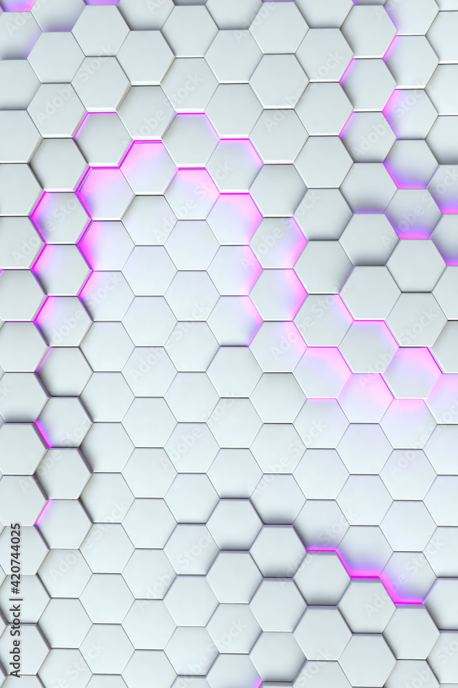 Poster abstract 3d white background with violet shining square mesh effect texture, vertical