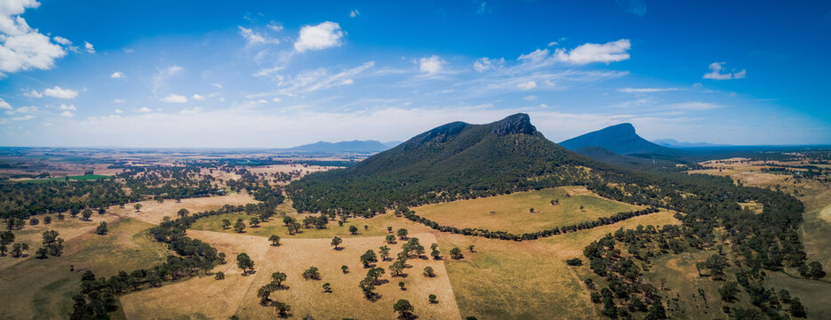 Wide aerial panorama of Mount Abrupt and surroundings. Grampians National Park, Australia