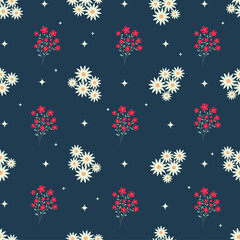 Seamless pattern with white daisies and red flowers on a dark blue background. Summer, minimalistic pattern with flowers. Pattern for wrapping paper, stationery, textiles, backgrounds, websites.