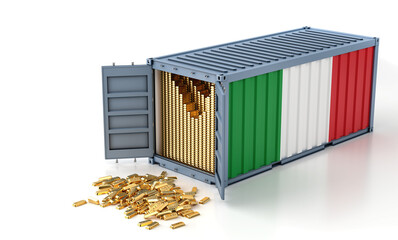 Freight Container with Italy flag filled with Gold bars. Some Gold bars scattered on the ground - 3D Rendering 