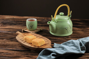 Pineapple Cake Pastry, Taiwanese Famous Sweet Delicious Dessert Food with Tea, Copy Space Design.