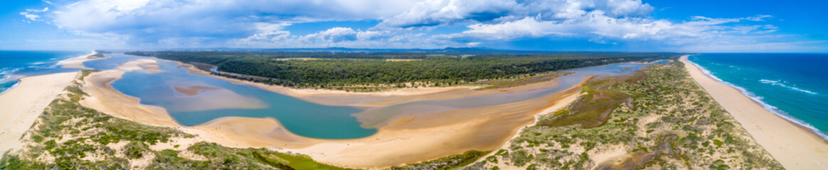 Ultra wide aerial panorama of ocean coastline in Australia