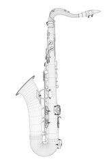 Wire-frame detailed saxophone isolated on white background. Side view. 3D. Vector illustration
