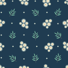 Seamless pattern with white daisies and greenery on a dark blue background. Summer, minimalistic pattern with flowers. Pattern for wrapping paper, stationery, textiles, backgrounds, websites. 