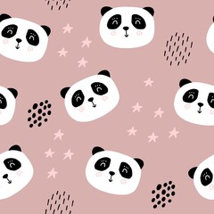 Cute panda bear seamless pattern. Cartoon baby print. Vector illustration scandinavian doodle bear