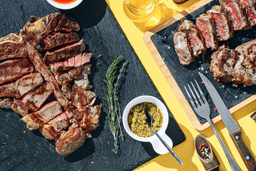 two strip steaks in medium rare fried on a yellow background. dinner concept for two
