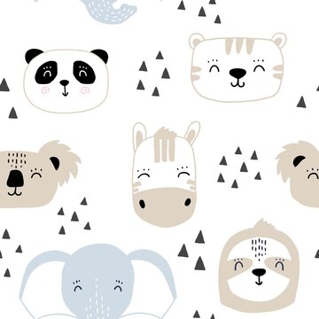 Seamless kids pattern with cute animals faces. Cartoon hand drawn baby print with panda zebra tiger elephant koala sloth