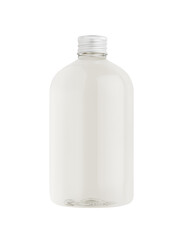 Transparent plastic low thick bottle with water or cosmetic product with silver cap mockup, isolated, template, copy space.