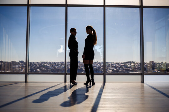 Two business women enjoying the city view and talking while standing by the large window in the office