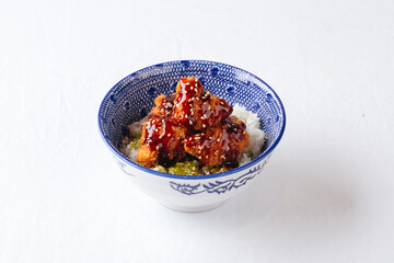 Isolated asian japanese cuisine dish fried chicken with rice