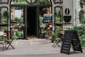 Exterior of organic cafe and flower shop, place for relax and coffee break after covid-19