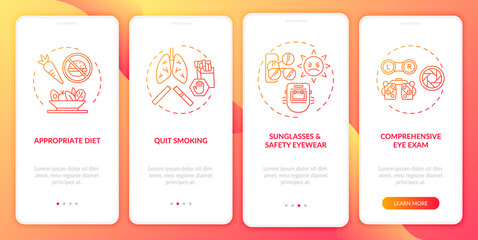 Naklejka premium Eye health tips onboarding mobile app page screen with concepts. Sunglasses and safety eyewear walkthrough 4 steps graphic instructions. UI vector template with RGB color illustrations