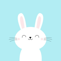 Bunny rabbit face. Happy Easter. Cute cartoon kawaii funny smiling baby character. Long ears. Farm animal collection. Spring greeting card. Flat design. Blue background. Isolated.