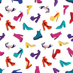 Seamless pattern with women's shoes.Fashion High-heeled Shoes, Boots, Sandals. Flat vector illustration