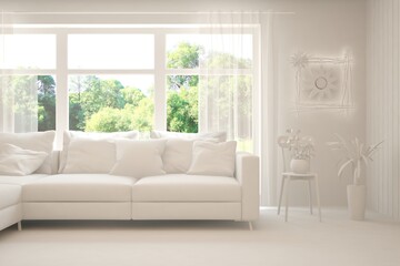 Mock up of stylish room in white color with sofa and green landscape in window. Scandinavian interior design. 3D illustration