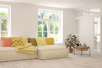 White living room with sofa and summer landscape in window. Scandinavian interior design. 3D illustration