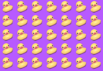 Colorful yellow rubber duck pattern on a violet background.