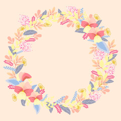 Fototapeta na wymiar Beautiful spring floral wreath. Bright illustration, can be used as creating card, invitation card for wedding,birthday and other holiday and cute summer background.Flat lay.Copy space