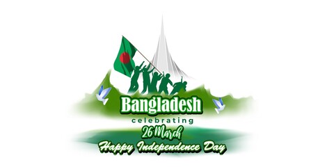 Vector illustration for Bangladesh happy independence day, national day, soldiers, flag hoisting, pigeon, mountain on abstract background with patriotic color theme.