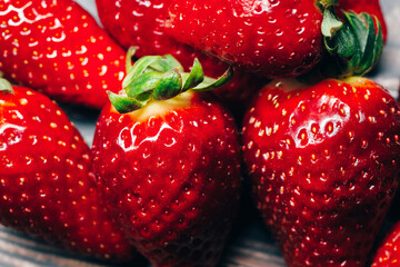 Fresh, juicy, ripe red strawberry berries close-up