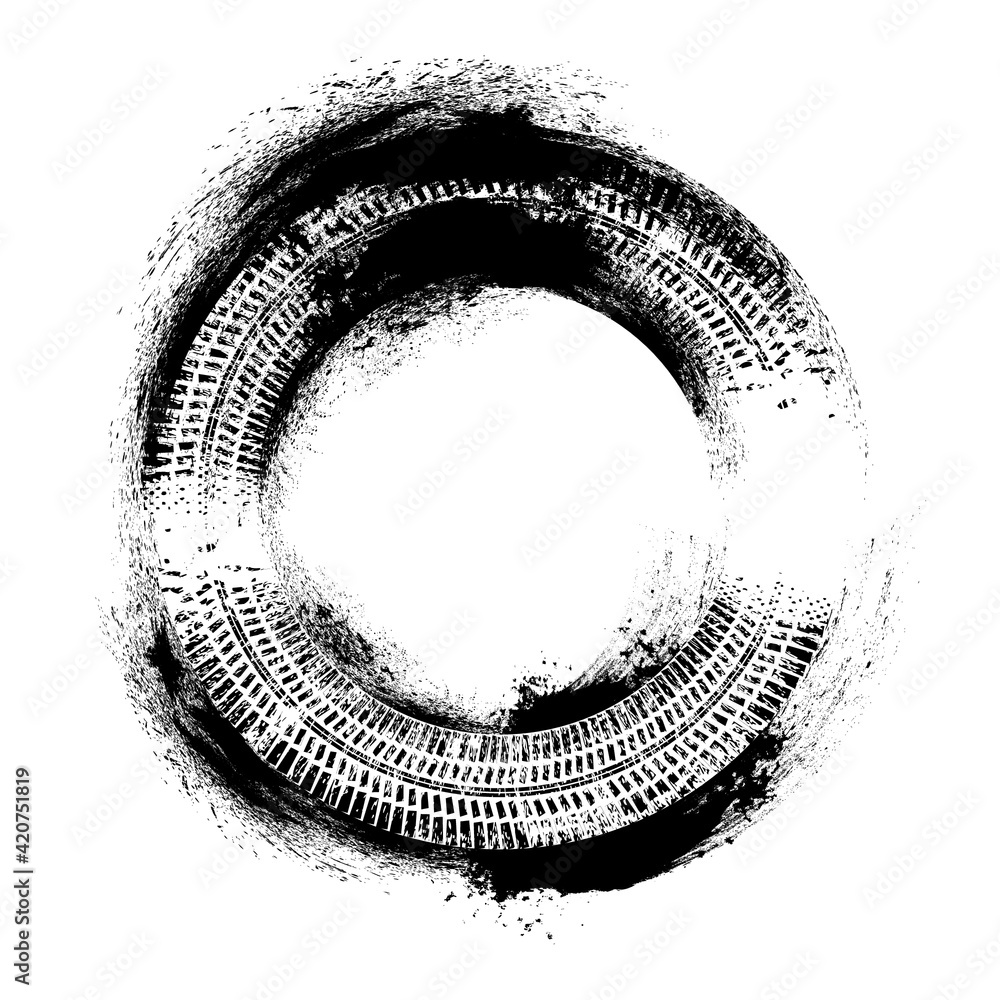Poster Vector Print Textured Tire Track . Design Element . Car tread silhouette . Mud splash grunge texture. Tyre track banner .
