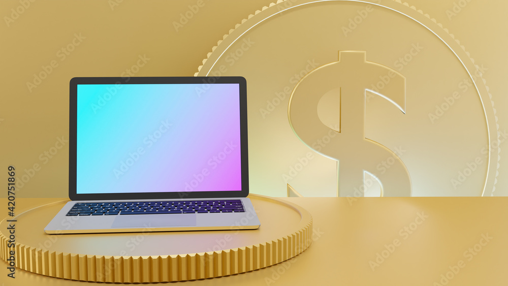 Poster front view of a laptop computer on the gold table and coin background. 3d rendering