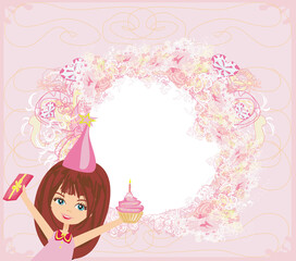 decorative pink Birthday card with sweet girl