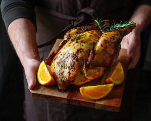 A man holding a juicy roasted chicken with mustard, honey and oranges