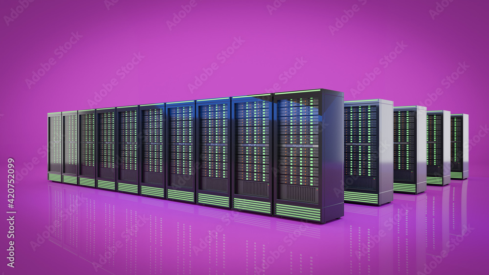 Poster the row of hosting server racks container with purple background. 3d render illustration image.