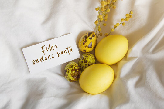 painted easter yellow chicken and quail eggs, spring mimosa sprig, greeting white card with the inscription happy easter on spanish on white cloth, easter holiday celebration concept 