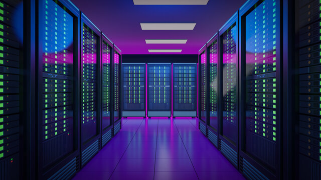 The row of hosting server racks container with pink blue light. 3D render illustration image.