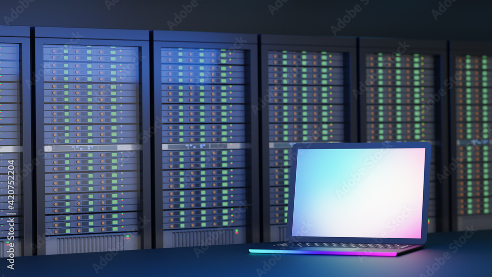 Poster laptop computer place with hosting server background. 3d rendering illustration image.