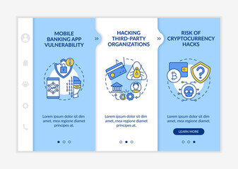 Hacking third-party organizations onboarding vector template. Risk of cryptocurrency hacks. Responsive mobile website with icons. Webpage walkthrough step screens. RGB color concept