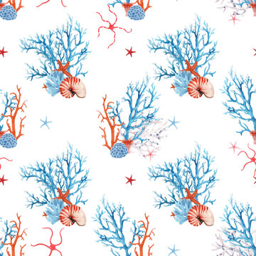 Beautiful vector seamless underwater pattern with watercolor sea life coral shell and starfish. Stock illustration.