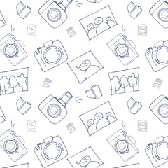Photo equipment and photography seamless pattern. Cartoon style vector illustration.