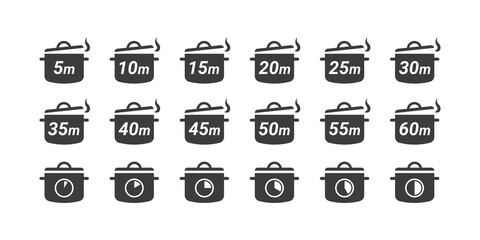 Cook time minutes. Meal preparation time icons. Cook time icons. Boiling time. Frying time icons. Flat style. Vector illustration