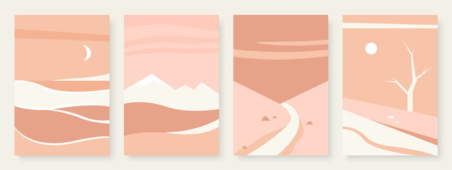 Mountain abstract landscape vector illustration set. Simple minimal nature mountainous scenery in pastel color, tree, road natural scene, vertical modern wall template background