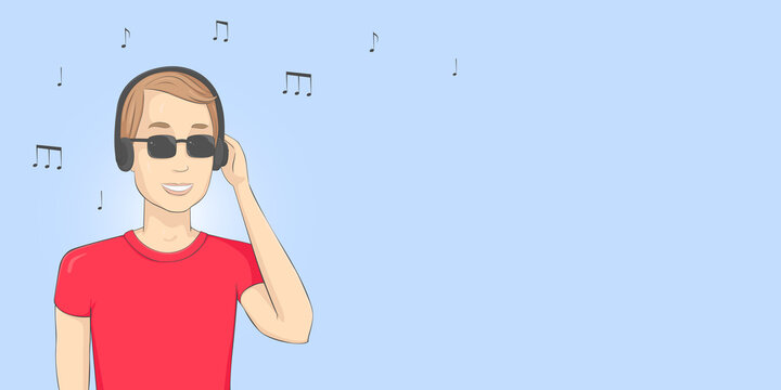 Man enjoying music in headphones. Poster with copy space. Vector.