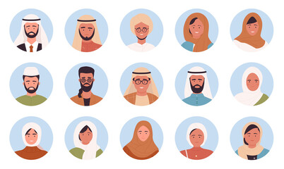 Muslim arabian people portrait round avatars vector illustration set. Cartoon man woman face userpics, multinational community, user customer characters smiling and laughing isolated on white