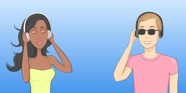 Music fans in headphones. Vector illustration.