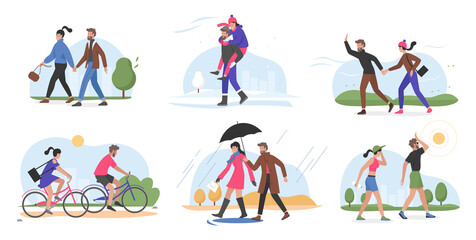 Couple people walk outdoor in different weather vector illustration set. Cartoon man woman characters cycling in park, walking in summer heat, winter cold, spring autumn rain season isolated on white